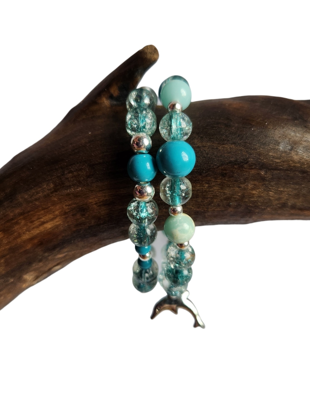 Turquoise Agalmatolite & Glass Beaded Bracelet Set with Silver Dolphin Charm